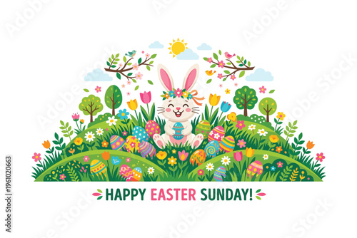 Easter bunny in a vibrant garden on easter sunday morning