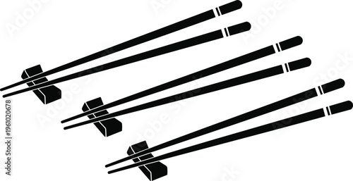 Chopsticks with holder silhouette set Asian dining utensil vector illustration collection isolated black chopstick rest for Japanese restaurant design