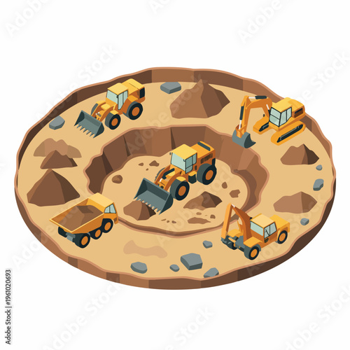 Isometric Mining Site / Excavation Vehicles Scene (Vector, Yellow Construction Equipment)
