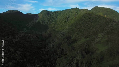 Aerial view of a dense tropical mountain forest at sunset with deep shadows and golden light on the canopy