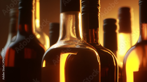 An elegant display of wine bottles showcasing intricate glass textures and labels, illuminated by warm backlighting. bar promotions.