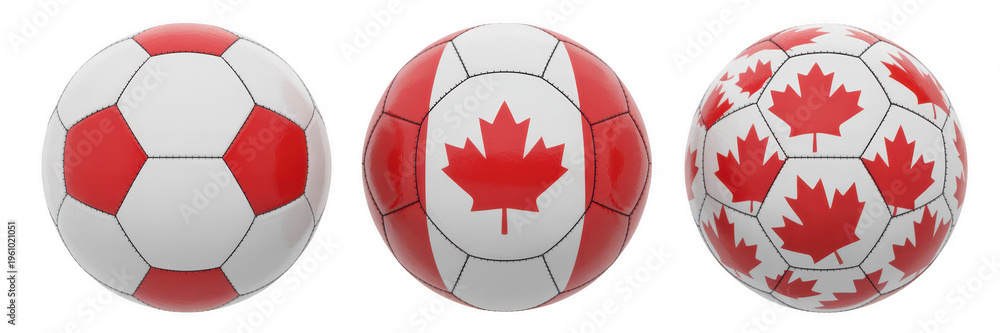 Fototapeta premium Three soccer balls with canadian flags and maple leaves sports equipment isolated on a transparent background