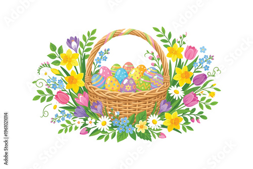 Easter basket surrounded by colorful flowers and decorated eggs