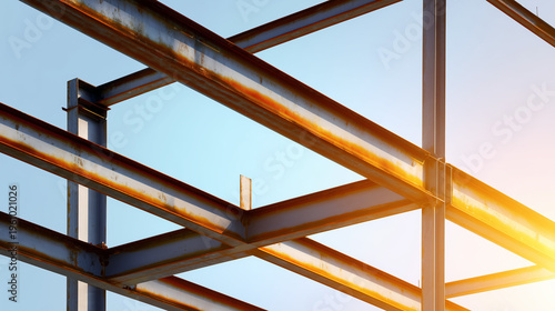 Steel frame structure under construction with ambient lighting and minimal background, real-estate listings.