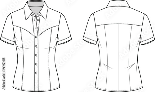 Foto Technical fashion flat sketch of women short sleeve button down shirt with colla