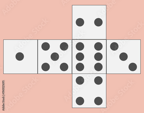Geometric dice net vector illustration, unfolded cube template with pips, educational math diagram for probability and gaming isolated on Transparent Background
