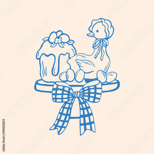 Coquette cute silly goose with Easter cake and eggs and bow doodle vector hand drawn illustrations. Kids and baby whimsical spring design. Silly duck in blue color. Cottagecore sketch illustration	