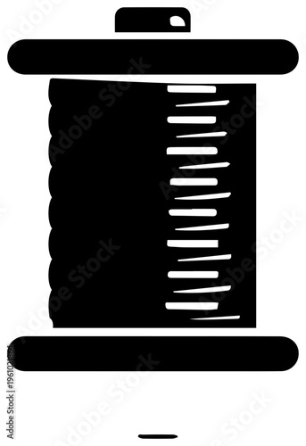 Solid black filled icon representing a metal sewing bobbin tightly wound with white thread isolated on a clean white background symbolizing crafting tailoring and diy projects
