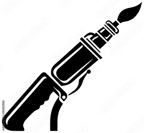Black silhouette icon of a handheld cutting torch with a flame at the nozzle isolated on a white background representing industrial tools and equipment for heavy duty work