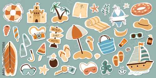 A collection of stickers of beach items. Travel concept. Hand drawn flat cartoon elements.