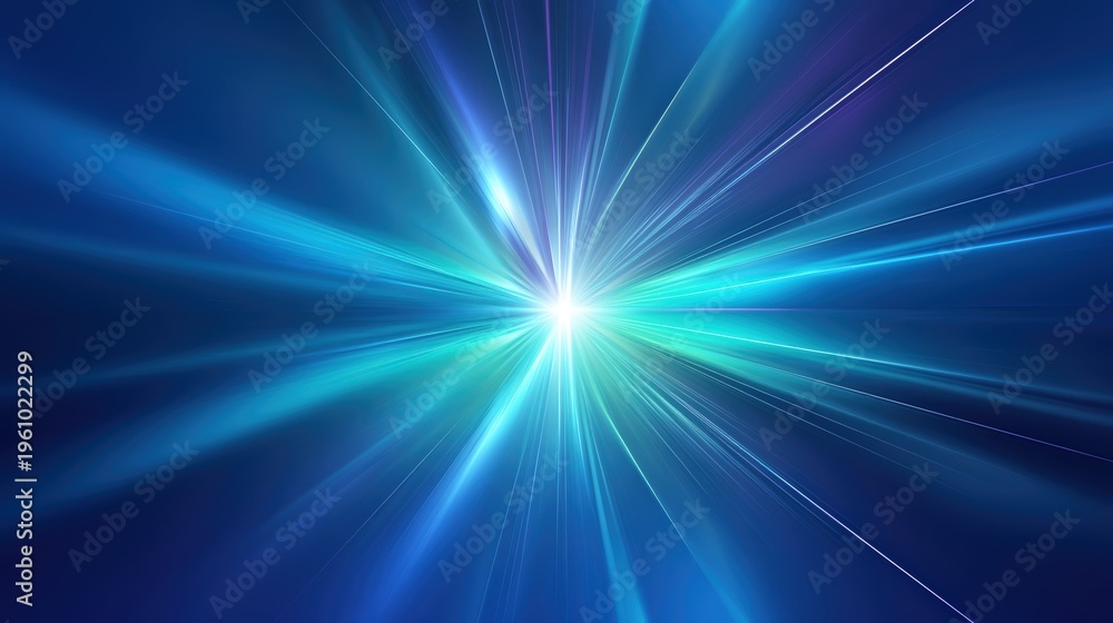Fototapeta premium Abstract blue and teal light streaks radiating from a bright center, symbolizing speed, energy, and technology.