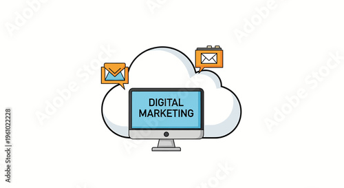 digital marketing concept with computer and email icons on cloud for online advertising strategy