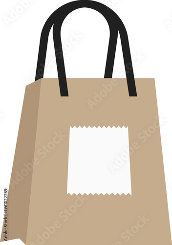 Vector illustration of a brown paper shopping bag (kraft paper). The bag features sturdy black fabric or cord handles. Centered on the front of the bag is a square white label or tag.