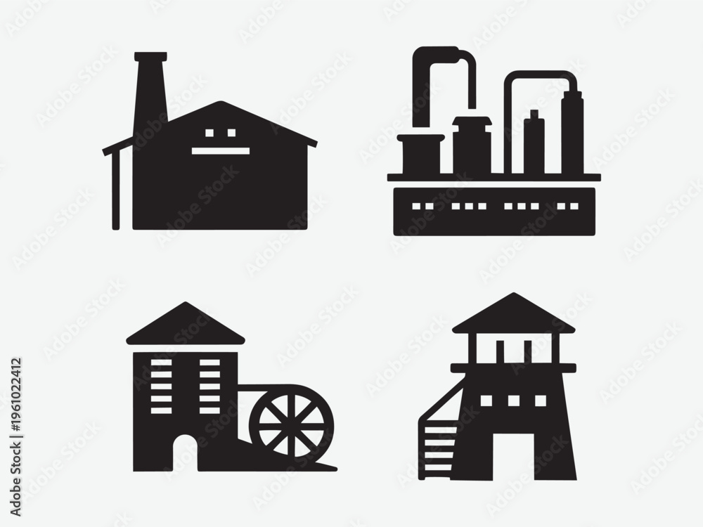 Fototapeta premium Industrial Factory and Mill Buildings Solid Black Vector Icon Set