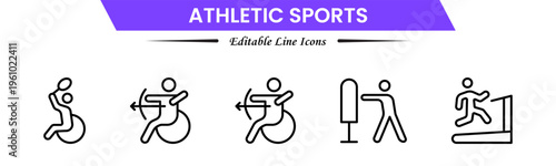 Athletic sports icons depicting fitness, training, competition, running, strength, endurance, teamwork, performance, speed, agility, exercise, energy, discipline, and achievement.