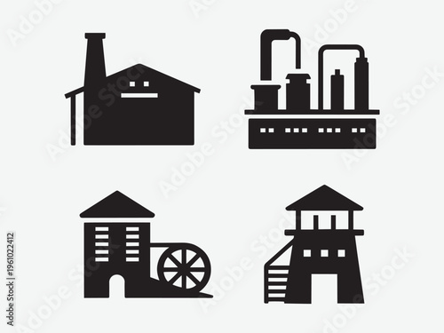 Industrial Factory and Mill Buildings Solid Black Vector Icon Set