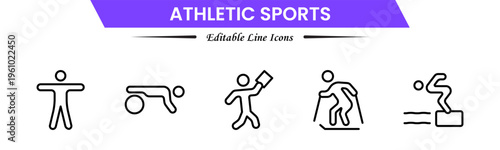 Athletic sports icons depicting fitness, training, competition, running, strength, endurance, teamwork, performance, speed, agility, exercise, energy, discipline, and achievement.