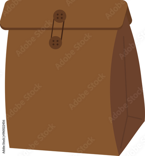 A brown paper bag with a unique string-and-button closure. The graphic features a dark brown kraft paper texture with a folded top flap secured by two circular buttons and a connecting cord.