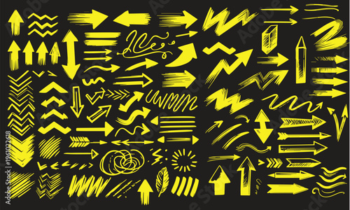 Yellow marker highlighters. Set of arrows, ovals and underlines. Emphasis shape for text design and hand drawn notes. Text highlighter pen, yellow marker, bold underlines and strokes.