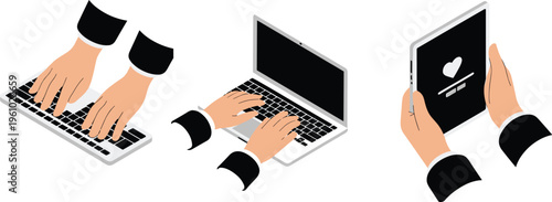 Isometric hands using laptop keyboard and tablet vector illustration set for digital technology work from home or social media 