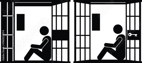 Prison inmate sitting in jail cell vector illustration confinement concept silhouette person behind bars incarceration justice system isolated on white background