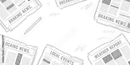 Overlapping newspaper headlines and text fragments in brown and white print vintage