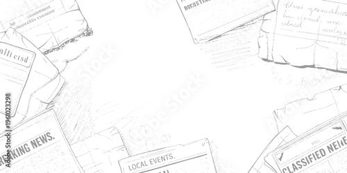 Overlapping newspaper headlines and text fragments in brown and white print vintage
