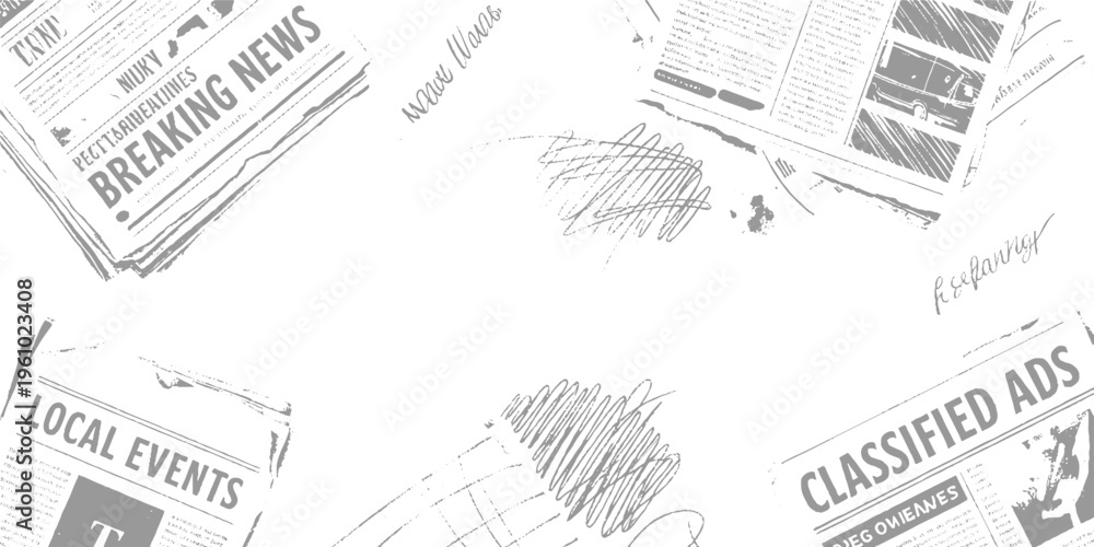 Obraz premium Overlapping distressed vintage newspaper pages with bold headlines and scattered ink splatters textured