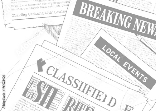 Overlapping distressed vintage newspaper pages with bold headlines and scattered ink splatters textured