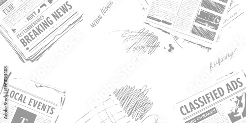 Overlapping distressed vintage newspaper pages with bold headlines and scattered ink splatters textured