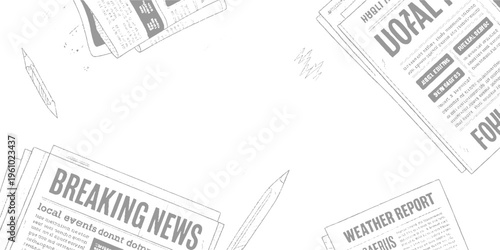 Overlapping distressed vintage newspaper pages with bold headlines and scattered ink splatters textured