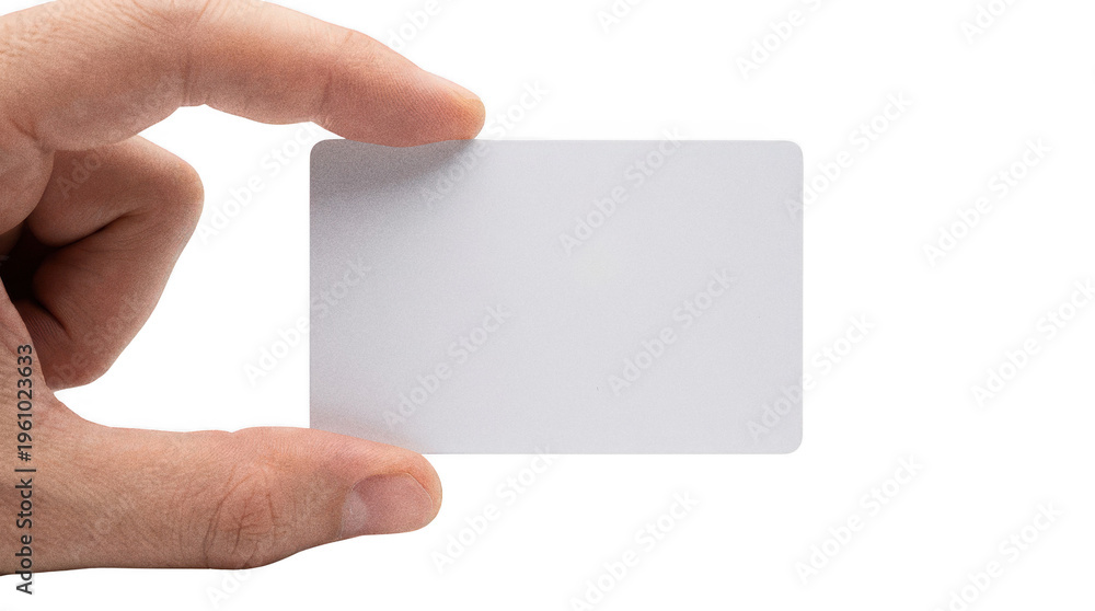 Obraz premium Male hand holds a thin blank white card mockup with light skin isolated transparent background image