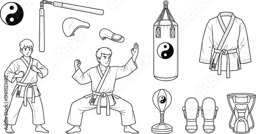 Black and white martial arts illustration featuring fighters uniforms nunchaku yin yang punching bag gloves protective gear training equipment and traditional combat practice design