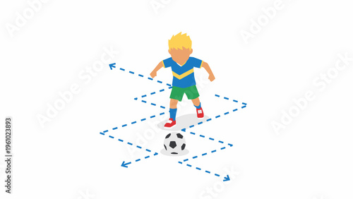 Soccer player dribbling ball with zigzag training arrows