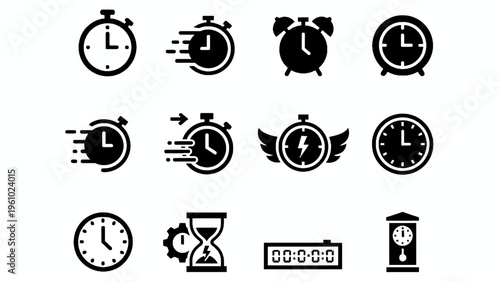 Time management icon set with stopwatch and hourglass symbols
