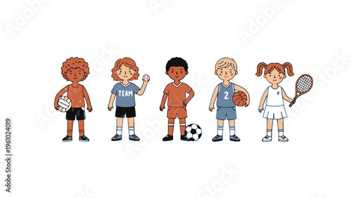 Diverse kids in sports uniforms with athletic equipment illustration