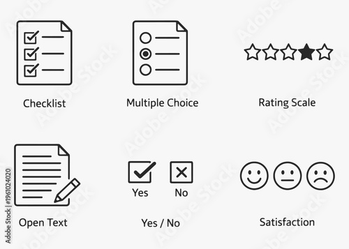 A set of Survey List icons focuses on simplicity, elegance, and ease of recognition. Vector Sign for Logos, Labels, and Icons.