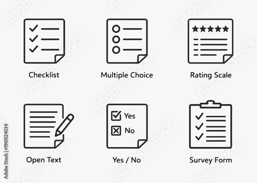 A set of Survey List icons focuses on simplicity, elegance, and ease of recognition. Vector Sign for Logos, Labels, and Icons.