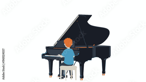 Boy Playing Grand Piano Illustration Isolated on White Background
