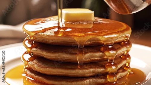 Golden maple syrup pouring over a stack of fluffy pancakes in extreme slow motion