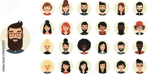 Diverse collection of flat vector avatar icons featuring various men and women with different hairstyles facial hair and ethnic backgrounds for profile social media