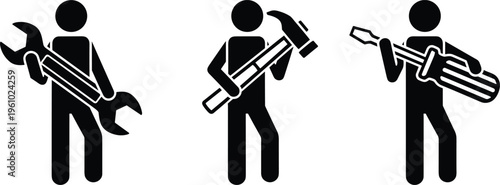 Worker holding tools vector illustration set mechanic builder technician with wrench hammer screwdriver icons silhouette isolated on white background repair service concept