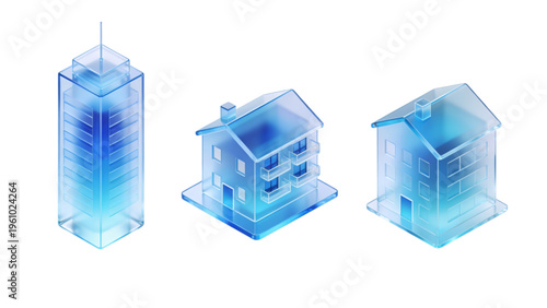 Isometric 3d illustration of a small residential house model designed with blue glass cubes and blocks for a new architectural construction concept
