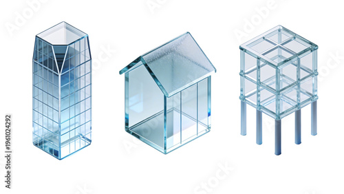 Modern blue glass building architecture featuring a 3d render of a residential home concept with a sleek cube structure design