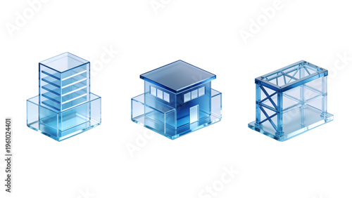 3d isometric model of a new blue glass cube building structure featuring modern residential architecture design and window icons for an apartment estate house