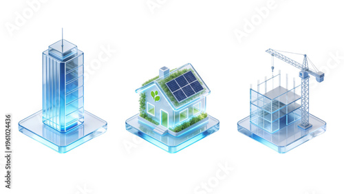 Modern isometric 3d vector illustration of a residential apartment building under construction in the urban city sky featuring a sleek architectural housing design and industrial structure plan