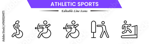 Athletic sports icons depicting fitness, training, competition, running, strength, endurance, teamwork, performance, speed, agility, exercise, energy, discipline, and achievement.
