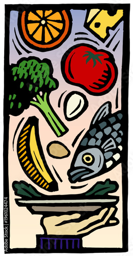 Illustration of healthy eating featuring fresh fruits, vegetables, fish, and grains in a balanced composition, symbolizing nutrition, wellness, clean diet, and mindful food choices in a graphic style.