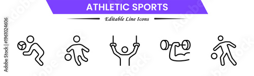Athletic sports icons depicting fitness, training, competition, running, strength, endurance, teamwork, performance, speed, agility, exercise, energy, discipline, and achievement.
