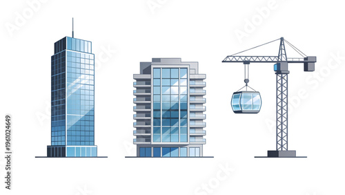 A towering crane stands atop a new steel and concrete skyscraper structure at a busy urban construction site against a clear blue sky in the heart of the city business district